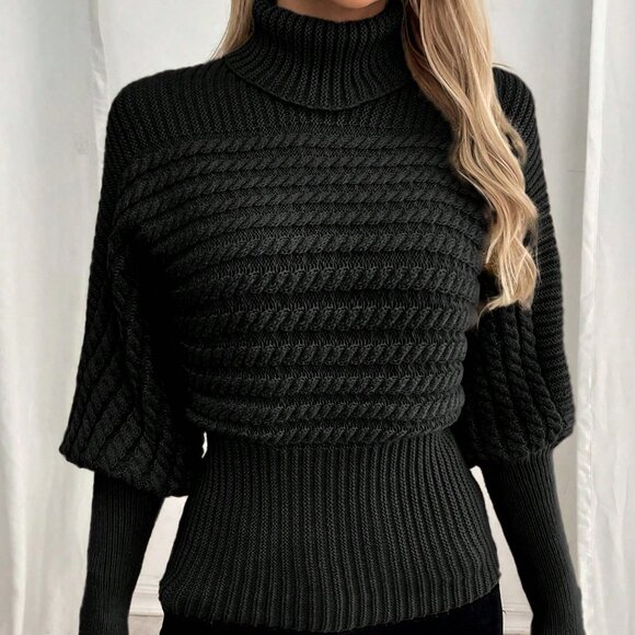 Black High Collar Cable Knit Women's Sweater - Picture 6 of 6